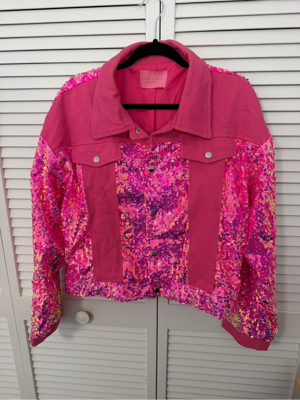 Azalea Wang Hot Pink Sequin Jean Jacket Size XL